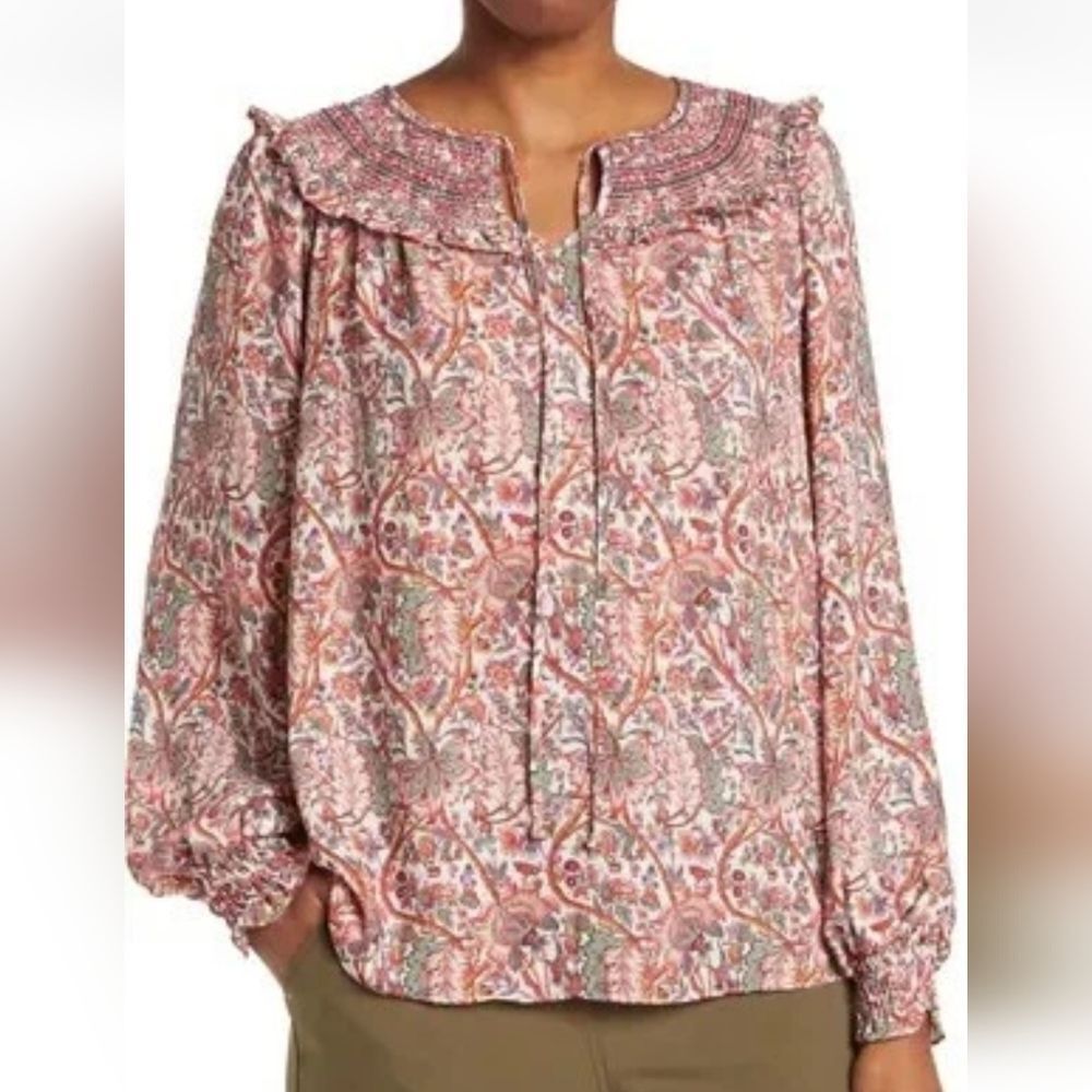 Max Studio Floral Paisley Smocked Long Sleeve Top Blouse White Pink Size Small